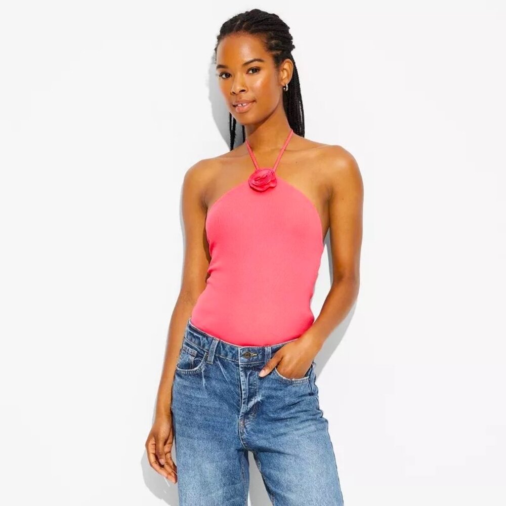 NWT Wild Fable Ribbed Rosette Bodysuit Sleeveless Halter Pink Size Large L NEW